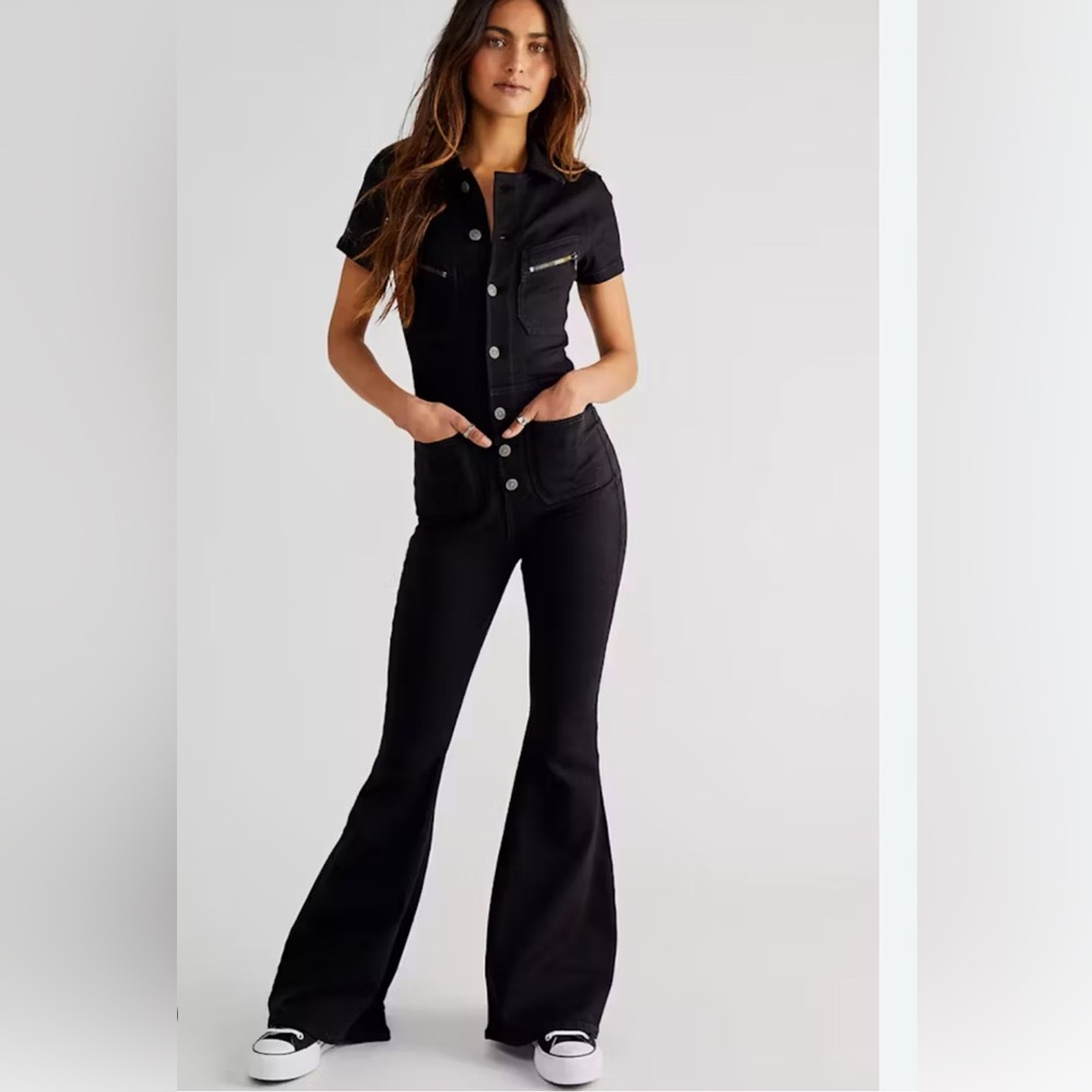 Free people stretch flare leg denim jumpsuit size L